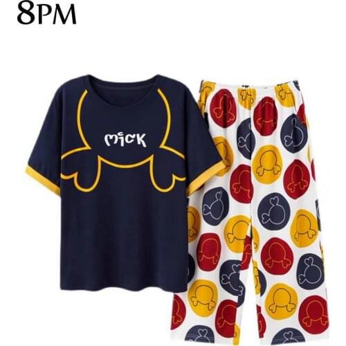 Summer Cotton Cartoon Pajamas Set Women Pyjamas Sleepwear Short Sleeve Long Pants Nightwear Mujer Home Clothes 2pcs ouc1705