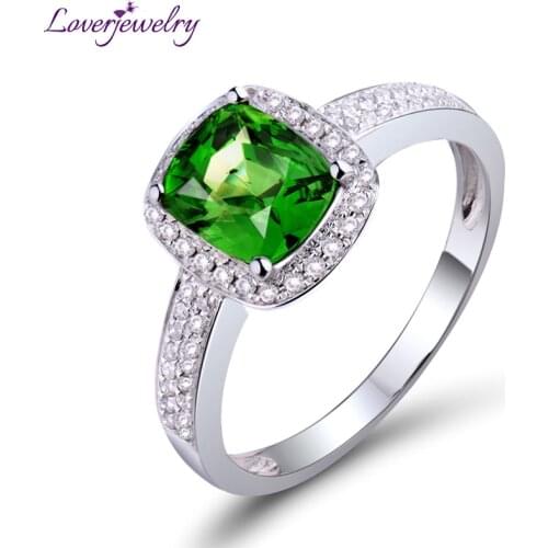 Cushion 6x7mm Solid 18kt White Gold Green Tsavorite Engagement Diamond Ring R0014