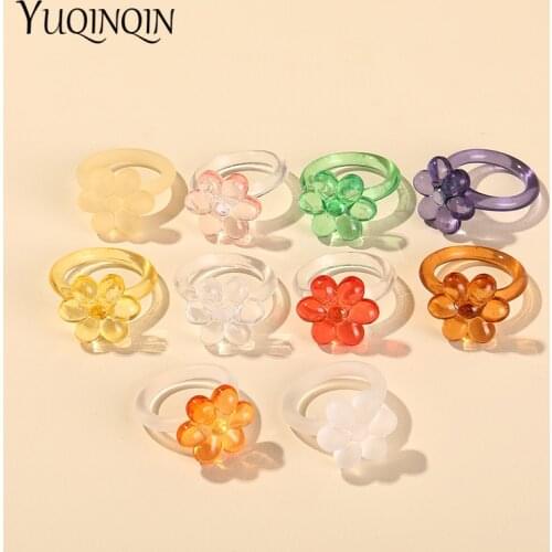 Flower Transparent Acrylic Rings for Women Girl Minimalist Korean Trend Chunky Finger Ring Colorful Simple Fashion Jewelry 2021