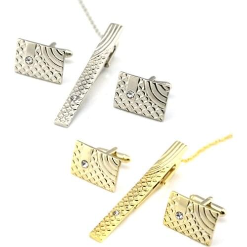 Luxury Rhinestone Tie Clip Cufflinks For Mens Set Plaid Pattern Cufflinks High Quality Tie Pin Cuff Set Men Jewelry Gifts