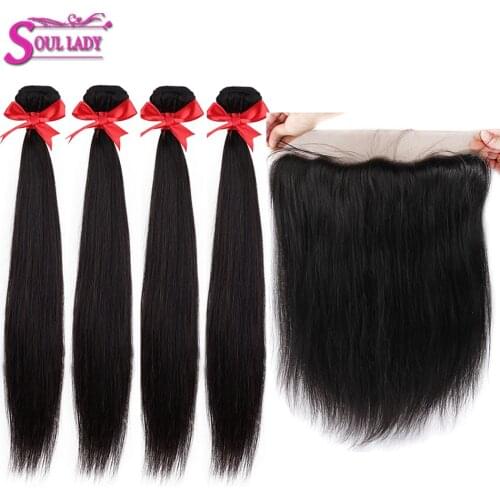 Soul Lady Malaysian Straight Hair Weave 4 Bundles With Frontal Non Remy 13x4 Ear to Ear to Ear Lace Frontal Closure With Bundles
