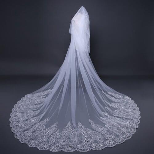 High-end Bridal Veil Exquisite Sequin Lace Flower Handmade Diamond Wedding Veil 3m Cathedral Veil Lace Edge Off White Pure White