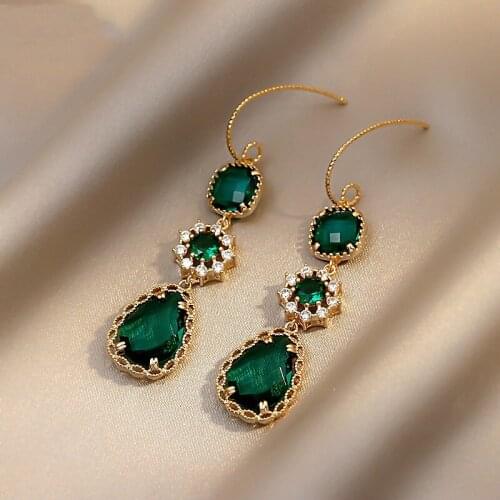 Vintage Green Color Crystal Dangle Earrings for Women Simple Geometric Zircon Inlaid Flower Hook Earrings Statement Jewelry