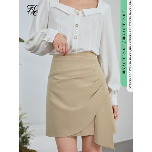 FANSILANEN Elegant pleated high waist skirt Women office lady blue short skirt Spring summer vintage asymmetrical skirt female