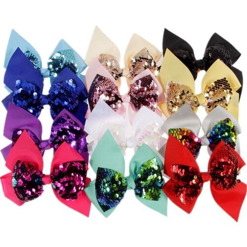 Yundfly 12pcs/lot 4.8" Ribbon Bow Hairpins Sequin Bow Knot Baby Kids Hair Clip Boutique Children Headwear Hair Accessories