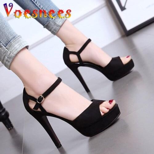 Summer Flock Cover Heel Women Shoes Sandals 2018 Sexy Hollow High Heels 11.5cm Fish Mouth Sandals Women Platform Female Sandals