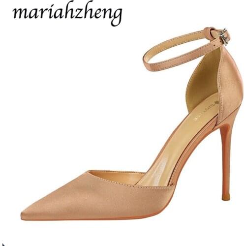 Meriahzheng 10CM 2020 Summer High-heeled Satin Shallow Mouth Pointed Hollow Womens Shoes Hollow Sexy Nightclub Word Sandals DS