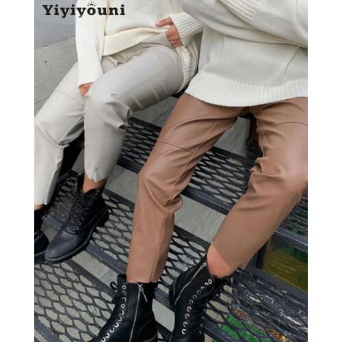 Yiyiyouni High Waist Spliced Leather Pants Women Loose Drawstring PU Leather Trousers Women Autumn Solid Straight Pants Female