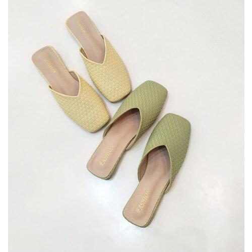 European Style Woven Square Toe Lazy Half Drag Soft Bottom Small Fresh Sandals Female Outer Wear Flat Slippers Summer Half-drag