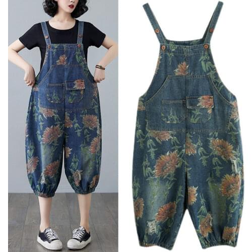 Female Wild Oversize Calf Length Overalls Strap Loose Vintage Harem Pants Denim Printed Flowers Pockets Casual Jumpsuits