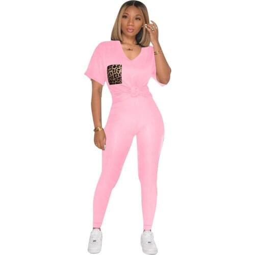 Leopard Pocket Womens Two Piece Outfit Deep V Neck Short Sleeve T-shirt and Slim Fit Legging Summer Solid Matching Suit 2021