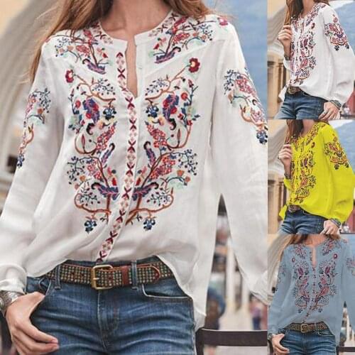 Hot Sale Vintage Women O Neck Long Sleeve Floral Print Pullover Loose Plus Size Shirt