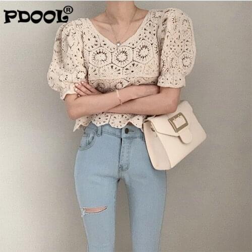 2021 New Vintage Summer Pullover Tops Women Puff sleeve Hollow out shirt Female Retro Perspective Lace blouse