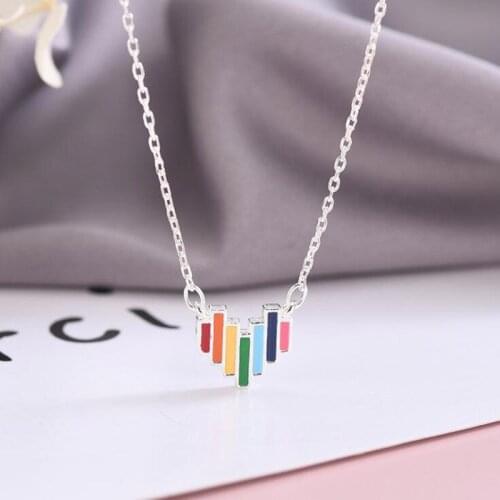 Fashion Trendy Romantic Rainbow Enamel Heart Pendant Necklaces For Women Statement Real 925 Sterling Silver Long Chain Necklace