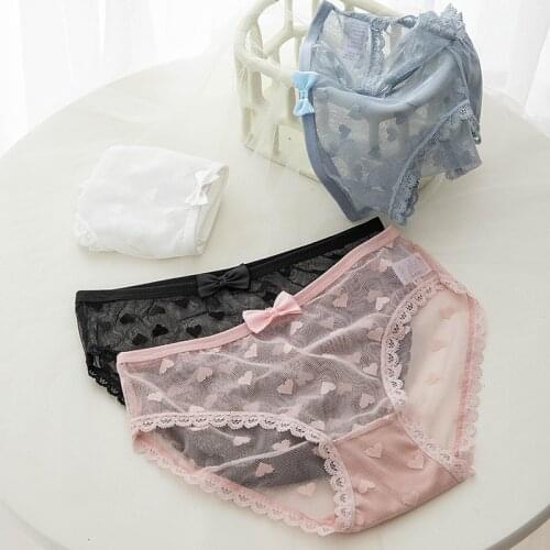 Women Lace Lingerie Transparent Sexy Panties Temptation Bow Briefs Heart Pattern Underpants Female Briefs NK62