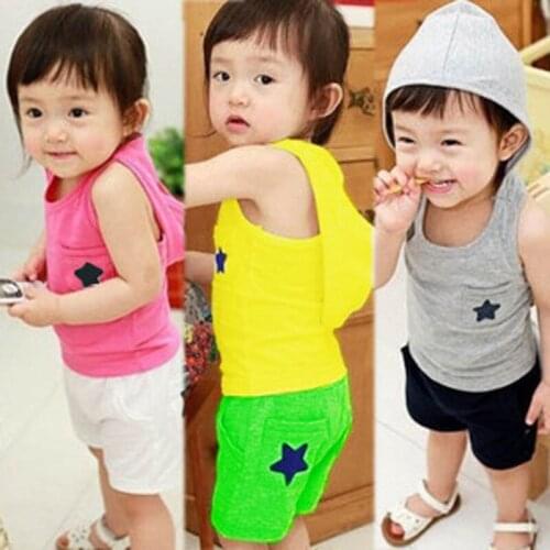 2pcs Toddler Kids Baby Boy summer Baby Clothing Sets Unisex Cotton Hooded Tank Tops With Cap + Shorts Pants Outfit Clothes B0695