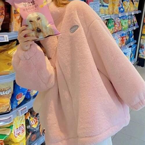 2021 Autumn Winter Stand Collar Rabbit Fur Coat Women Solid Harajuku Loose Sweet Faux Fur Jackets Famel Warm Outerwears