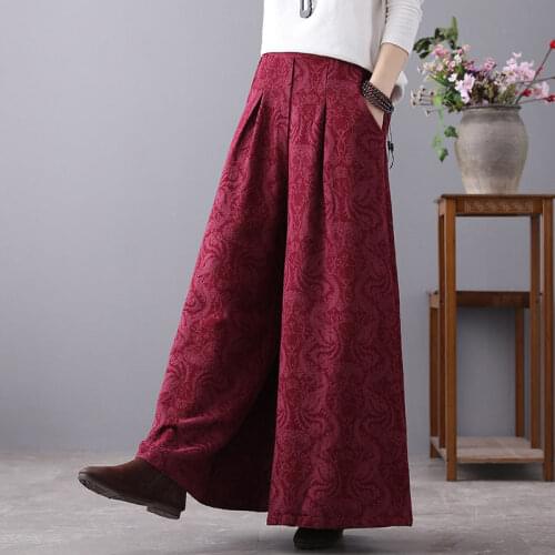 Autumn and Winter New Cotton and Linen Wide Leg Pants High Waist Retro Jacquard Linen Trousers Loose Plus Size Pants Women Y175