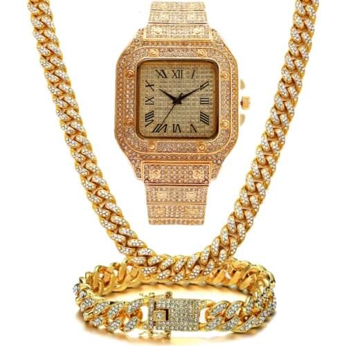 Iced Out Watch Bling Miami Cuban Link Chain Iced Out Chain Necklace Bracelet Luxury Hip Hop Gold Watch Men Jewelry Set Relogio