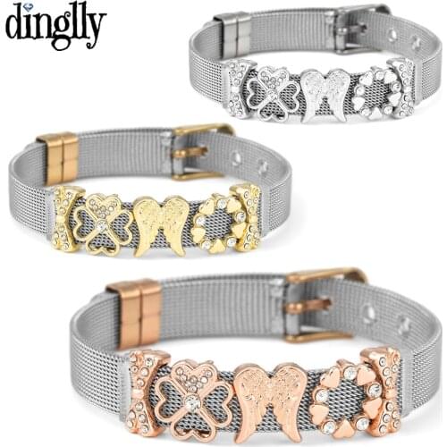 Dinglly Two-tone Stainless Steel Bracelets For Women Men Original Heart Leaves Wings Bows Beads Mesh Belt Bangle Gifts Jewelry