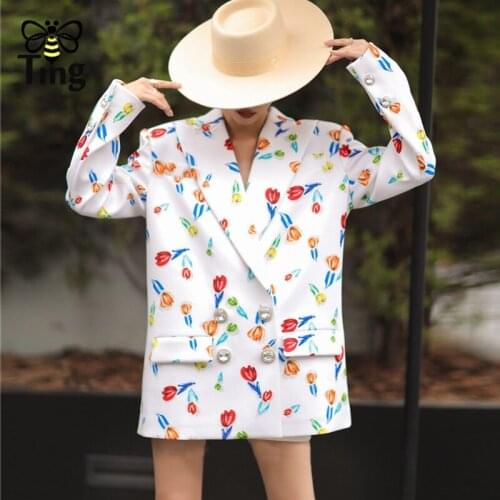 Tingfly Designer Vogue Floral Print Double Crystal Breasted Blazer Coat Women Francais Goblincore Chic Lady Street Outerwear Za