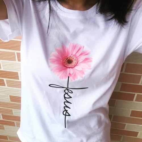 Daisy Printed T Shirt for Women Jesus Cross Faith Tops Tees Short Sleeve O-Neck Casual Soft T Shirt Ladies Shirt Ropa Mujer