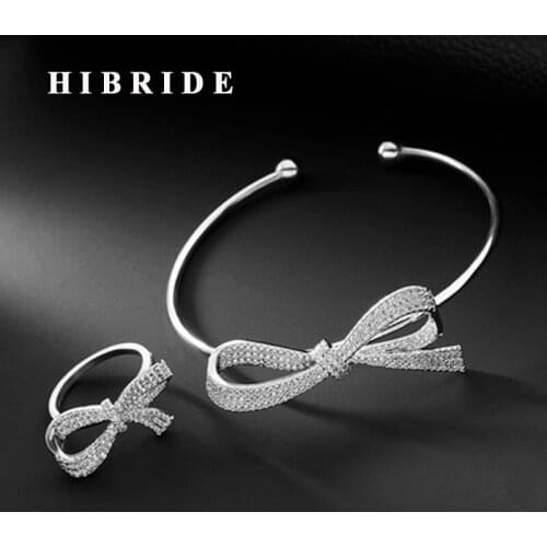 HIBRIDE Luxury Micro Cubic Zirconia Pave Bowknot Shape Open Cuff Bangle&Bracelets For Women Adjustable Ring Jewelry Set N-635