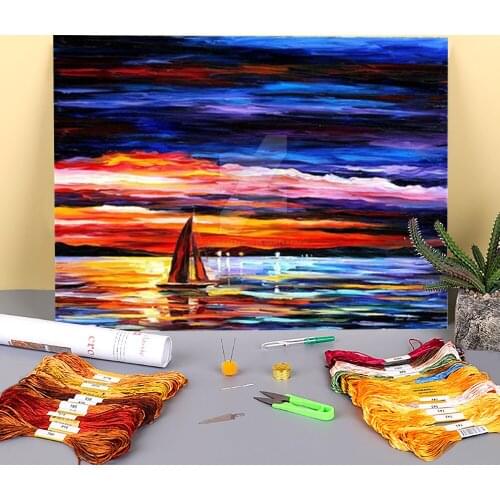 Oil Painting Style Night Sea Printed Canvas 11CT Cross-Stitch Kit DIY Embroidery DMC Threads Handmade Needlework Needle