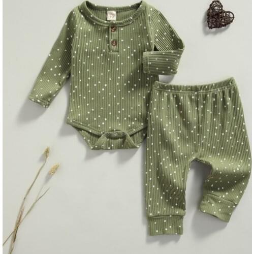 Baby Girls Ribbed Clothes Set, Polka Dot Print Long Sleeve O-neck Romper+Elastic Waist Trousers Spring Autumn