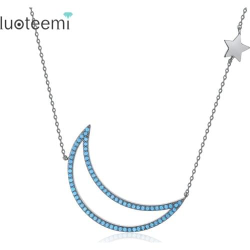 LUOTEEMI Blue Moon and Star Pendant Long Necklace for Women Collares Para Mujer Fashion Personality Moon Crescent Friends Gifts