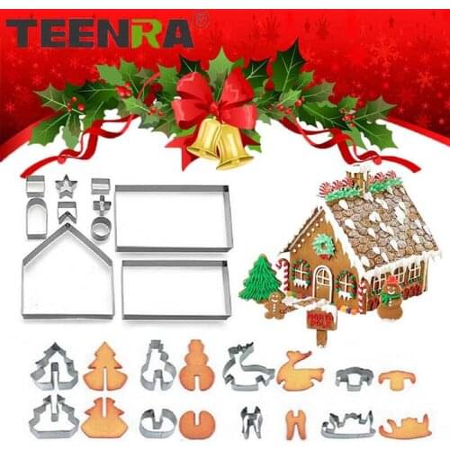 TEENRA 18Pcs/set Stainless Steel Cookie Cutter Gingerbread House Cake Cookie Mold 3D Christmas Cookie Cutter Set DIY Baking Tool