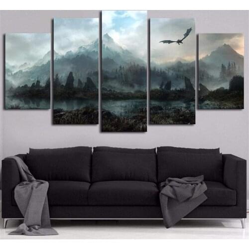 5 Piece Canvas Wall Art Game Landscape Poster Dragon And Mountains Pictures Home Decor Living Room Wall Mounted Decoration