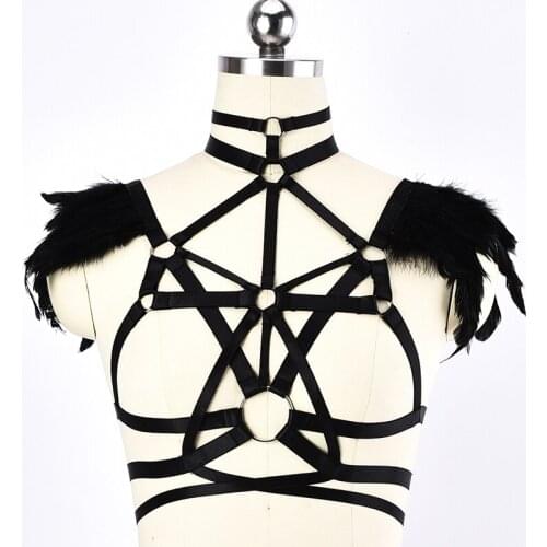 Wholesale feather Sexy Lingerie Bra Body Harness Belt Bondage Belt Punk Crop Top Body Cage Bra Women Rave Gothic Accessories