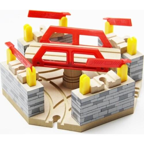 P053 Luxury four directions multifunction rotating upper and lower bridge traffic hub wooden track train sets accessories
