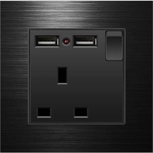 DepoGuye Switch With USB socket，Black Embedded Panel,2.1A Dual USB Port, AC 110-250V, UK Wall Power Socket 3 Hole Outlet