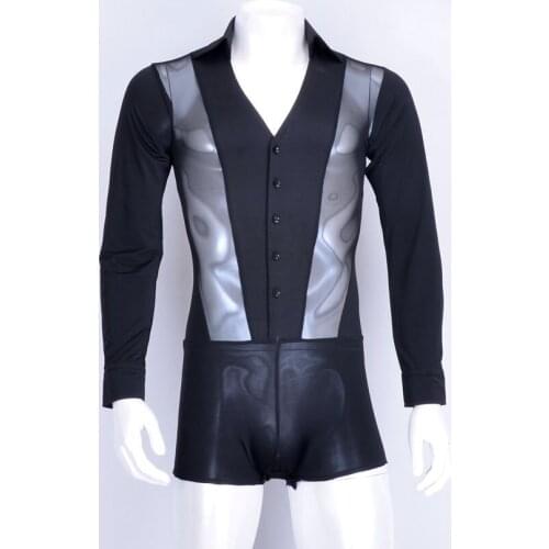Latin dance transparent gauze trousers V collar long sleeve men Latin bodysuit shirt MS13008 V
