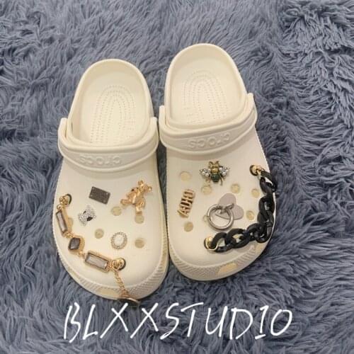 Trendy DIY Croc Charms Designer Fashion Quality Women Shoes Charms for Croc black Chain Clogs Shoe Buckle All-match Kids Gift