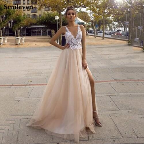 Smileven Champagne Lace Wedding Dresses A Line Tulle Lace Boho Bridal Gowns Robe De Mariee Side Split Wedding Bride Dresses