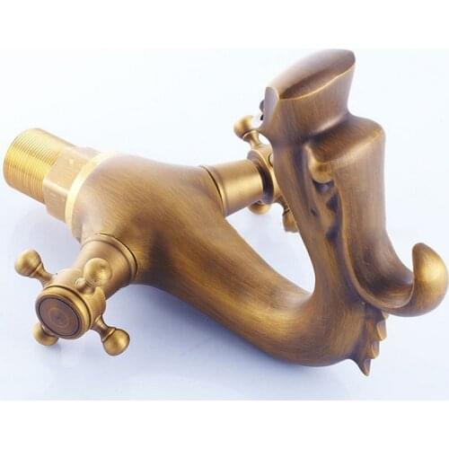 Antique Dragon Bathroom Sink Faucet Double Cross Handle Two Knobs Mixer Basin Tap Hot and Cold Water for Bathroom with 2 Hoses