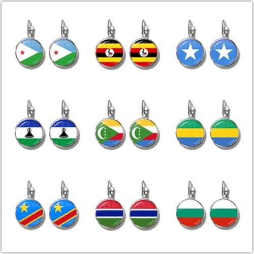 Djibouti,Uganda,Gambia,Congo,Gabon,Comoros,Lesotho,Somalia,Bulgaria National Flag French Hooks Glass Earring Jewelry For Women