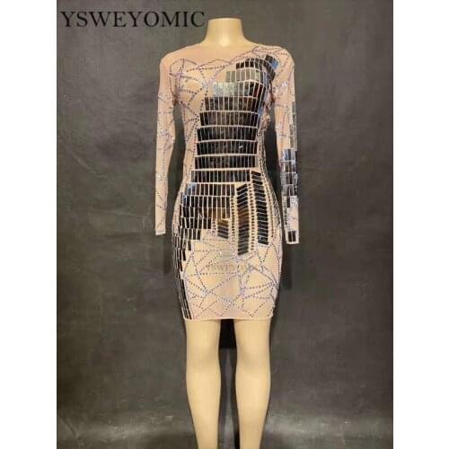 Sparkly Silver Rhinestones Sequins Mesh Long Dress Womens Birthday Celebrate Outfit Nightclub Female Singer Sexy Stage Dress