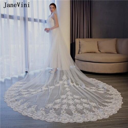 JaneVini Vintage 3M Veil Ivory Cathedral Long One Layer Bridal Veil Lace Applique Edge Tulle Wedding Veils with Comb Gelin Duvak