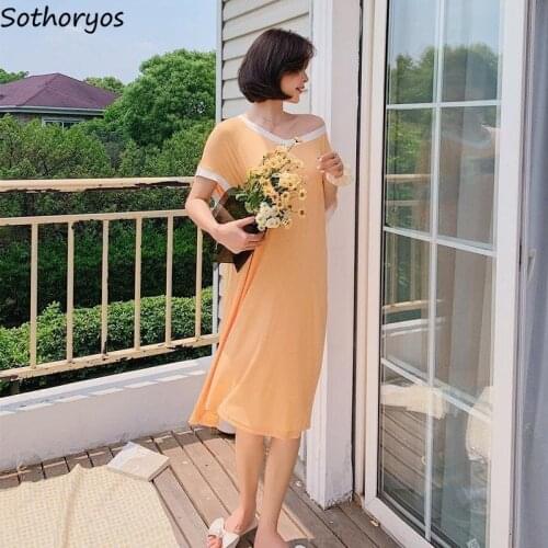 Women Nightgown Summer Patchwork Simple Loose V-neck Sleepshirts Female Thin Soft Korean Style Breathable Soft Stretchy Homewear
