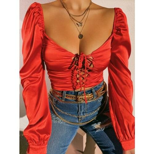 Lady Slim Fit Low-Cut Blouse Solid Vintage Women Blouses Hollow Lace-Up Front Puff Sleeve Square Collar Hirts Elegant Fashion