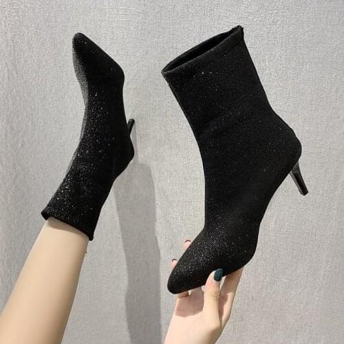 2021 Spring Fashion Women Boots black Pointed Toe Elastic Ankle Boots Heels Shoes Plus Size Winter Female Socks Boots Heels 7cm