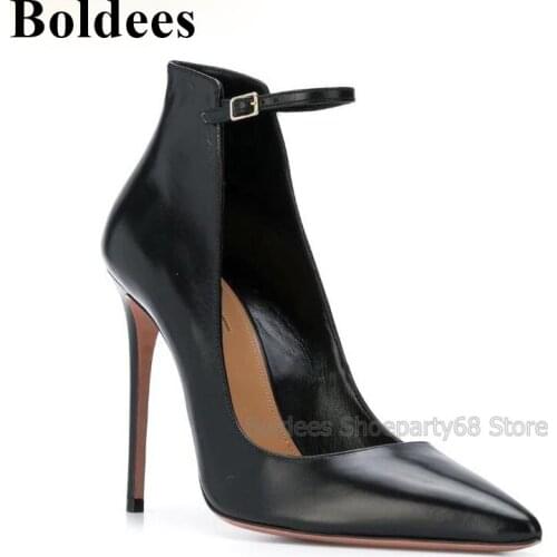 Top Quality Black Mat Leather High Heel Shoes Women Pointed Toe Stiletto Pumps Ankle Strap Bridal Wedding Party Shoes