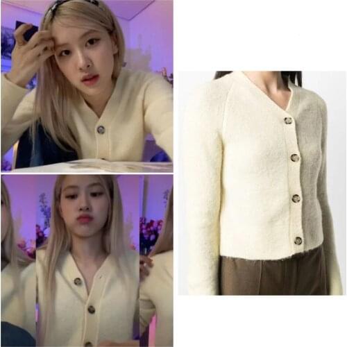 Kpop ROSE Womens Button Cardigan Knitted Korean Fashion Sweater Lady Autumn Long Sleeve V-neck Casual Knitwear Coat Female Tops