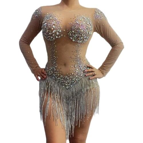 Sparkly Rhinestones Silver Chain Tassel Women Bodysuit Mesh Transparent Tight Jumpsuit Pole Dancing Outfit Nightclub Costumes