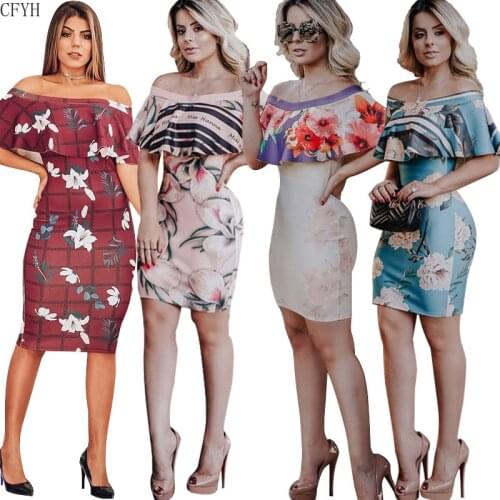 Summer Sheath Dress Women Off The Shoulder Sexy Bodycon Vestidos Flower Slim Slash Neck Female Dresses