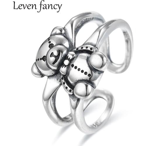 925 Sterling Silver Lovely Bear Open Stacking Rings for Women Girls Vintage Eternity Ring Finger Cute Animal Jewelry Adjustable